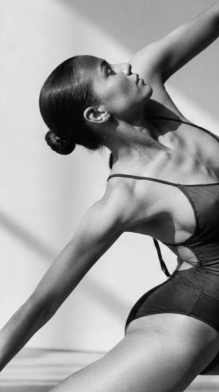 Black and white editorial photograph of a dancer in a vinyasa pose, bright minimalist studio