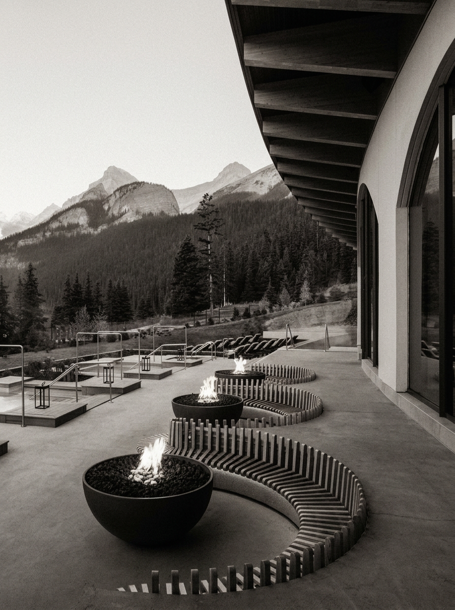 Black and white editorial photograph of a modern alpine terrace with fire bowls, wooden benches, and distant peaks