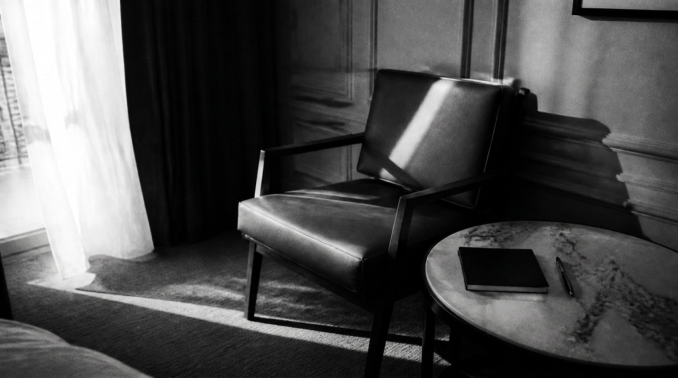 Black and white photograph of a quiet hotel suite corner with a leather chair, a plain notebook and pen on a marble table